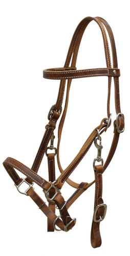 Brown Harness Leather Western Trail Halter Bridle Combination
